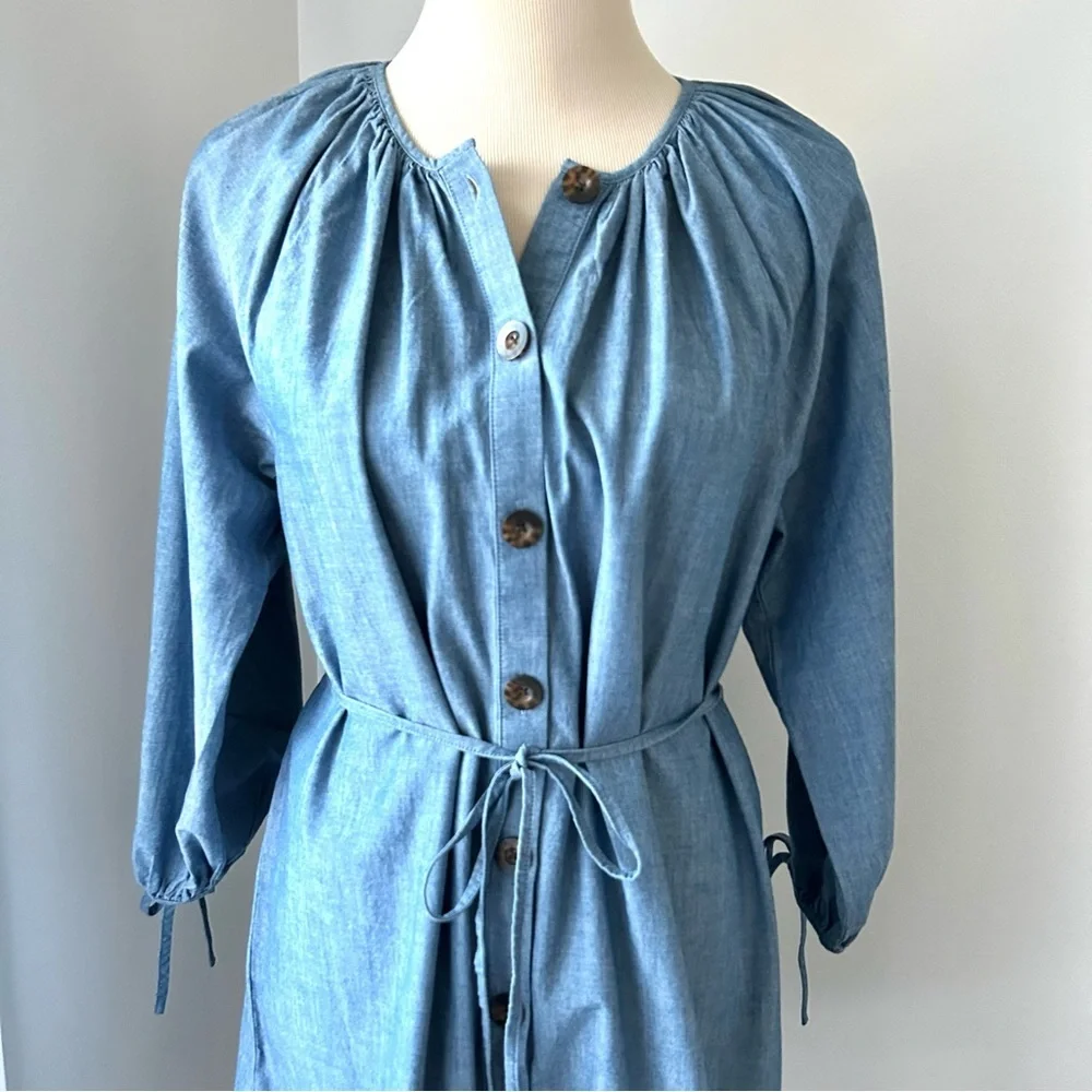🌸NWT J. Crew Button Down Chambray Dress. Tie Waist. Size: Petite Medium - Picture 2 of 16